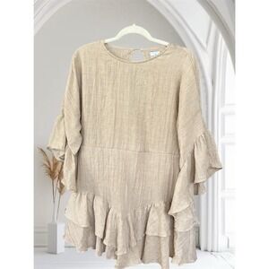 PRINCESS POLLY Women's Tan Beige Ruffle Tiered Mini Dress Long Sleeve‎ Size 4